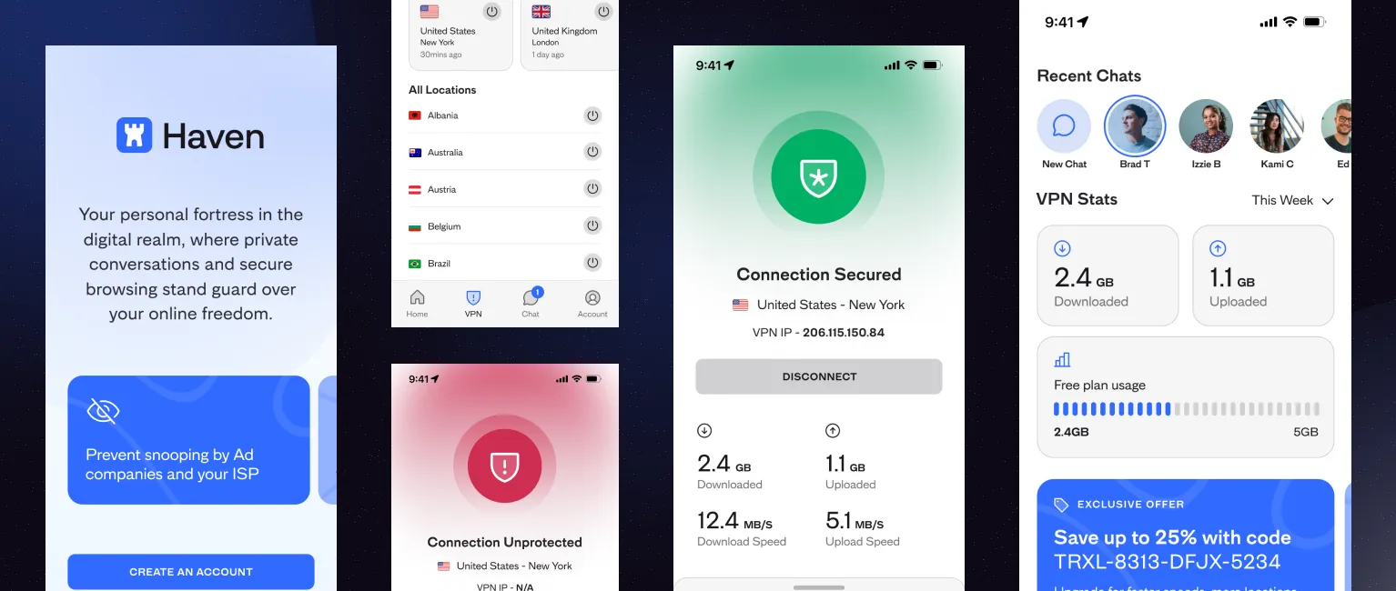 Screenshots of Haven Mobile app on dark blue background showing landing screen, vpn screen, vpn country selection screen and home screen.