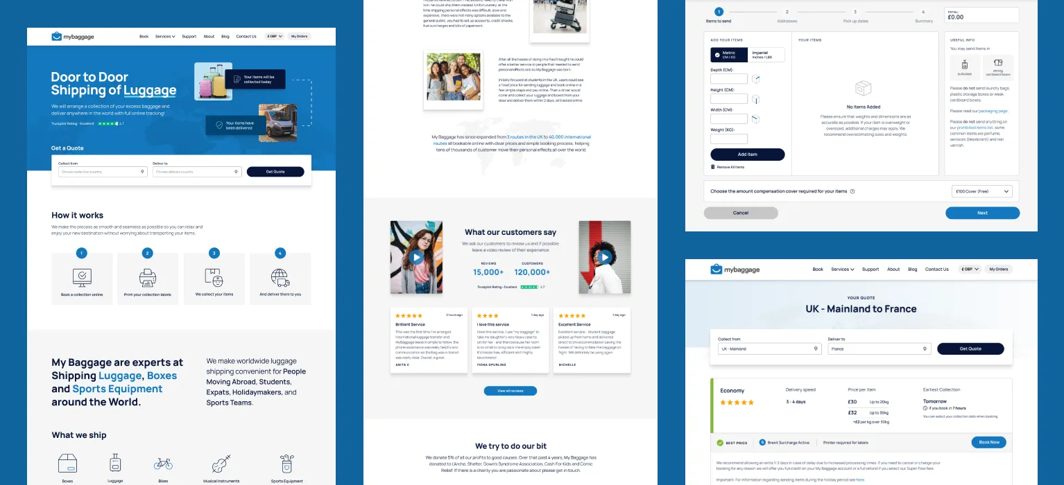 Screenshots of My Baggage website on blue background showing a section of the homepage, about page, booking page and quote page.